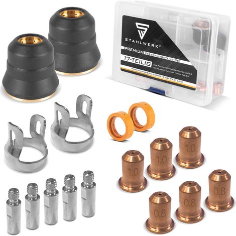 STAHLWERK Plasmazubehör Verschleißteile-Set für NS/S65-Plasmaschneidbrenner – 17 teiliges Zubehör-Set mit Elektroden, Schneiddüsen 0,8/1,0mm, Schutzkappen, Stromverteiler, Abstandhalter, Transport-Box