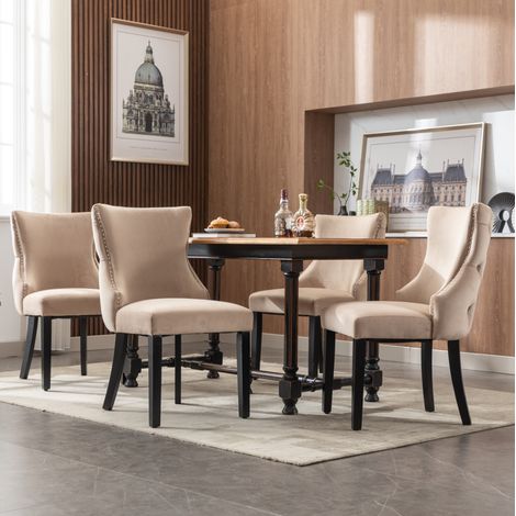 Lot de 4 chaises de salle à manger beige en velours, structure en bois massif, 50 x 41 x 91 cm (1/5)