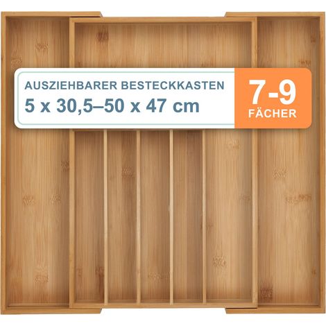 Relaxdays Besteckkasten, 7–9 Fächer, ausziehbarer Besteck Schubladeneinsatz, HxBxT: 5 x 30,5-50 x 47 cm, Bambus, natur
