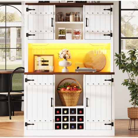 Hochschrank im Scheunentor-Stil mit RGB-LED-Beleuchtung, Küchenregal mit geschlossenen Fächern und offenem Regal, industrieller Vintage-Look, verstellbare Böden, Weinflaschenständer, Weiß (1/5)