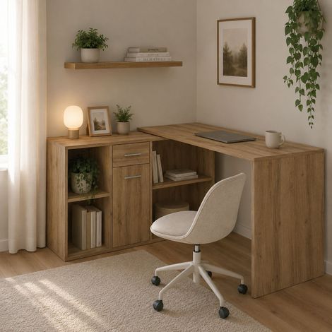 Escritorio Linare, Modular, Esquinero, un Cajón, 122x120x75h cm Roble Marrón Nudos (1/4)