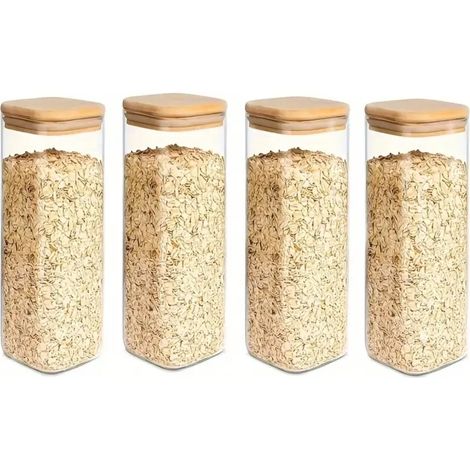 (Lot de 4 bouteilles - 1000 ml) Bocaux de conservation en verre avec couvercles en bambou, bocaux de cuisine hermétiques (1/3)