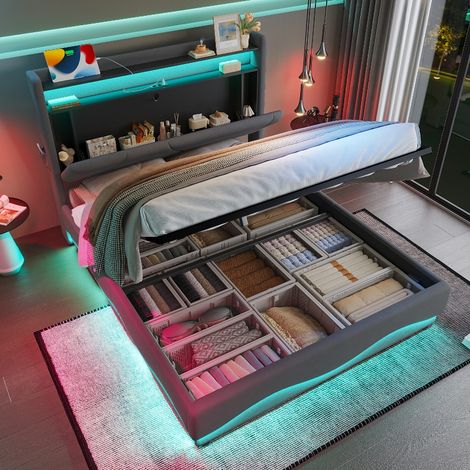 Polsterbett 140x200 Grau Samt mit Stauraum und LED Beleuchtung, Bettkasten mit Gasdruck-Lattenrost, Kopfteil mit Regal und USB-Anschluss (1/5)