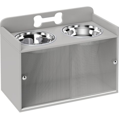 Station de repas surélevée pour chien avec 2 bols en acier inoxydable et armoire 50L, MDF, motif os, gris (1/5)