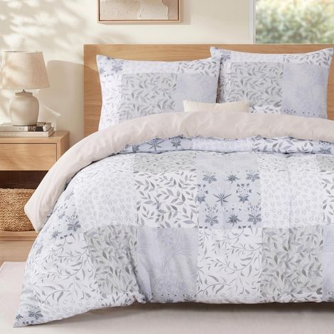 Bettwäsche-Set 220x240 cm, Mikrofaser, Botanik-Druck, Grau-Beige