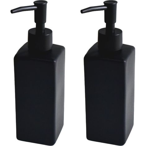 Lot de 2 distributeurs de savon en verre - 350 ml - Noir mat - Surface en céramique avec design rétro - Tête de pompe noire mate - Distributeur de savon à main - Pour cuisine, salle de bain (1/4)
