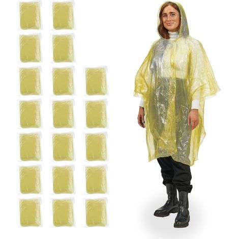 Relaxdays Regenponcho, 20er Set, Einweg Regencape mit Kapuze, Wandern, Festival, Notfallponcho für Damen & Herren, gelb (1/5)
