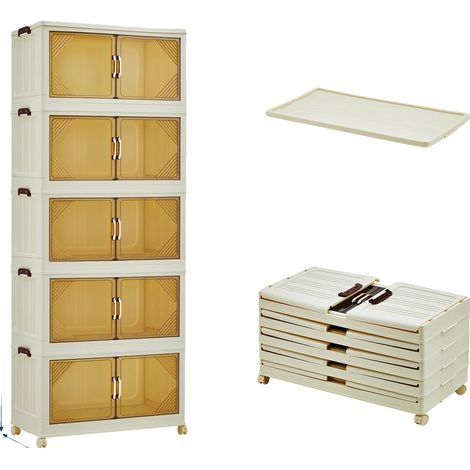 Caja de almacenamiento apilable, organizador plegable con ruedas con bloqueo, 5 niveles, 90 cm de ancho. (1/2)