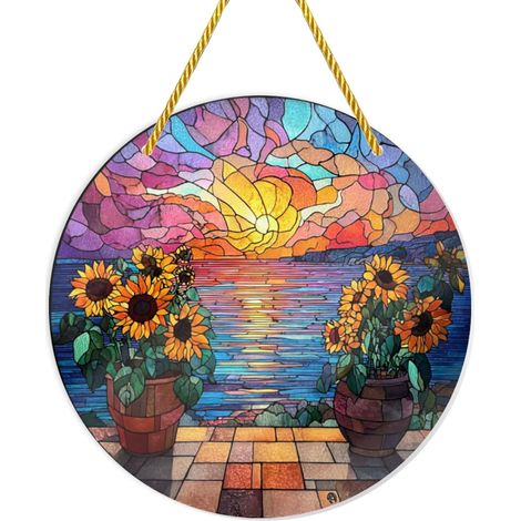 Coucher de soleil sur l'eau avec pots tournesols, vitraux, décorations suspendues en acrylique (1/5)