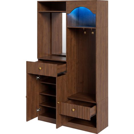 Garderobenmöbel mit Spiegel, Bank, Schuhschrank, Kleiderhaken und LED, MDF Nussbaum MODENUIT (1/5)