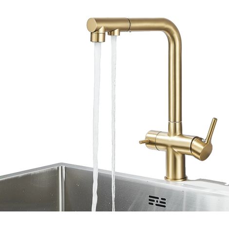 Grifo de cocina, caño extraíble, doble manija, cepillo dorado (1/2)