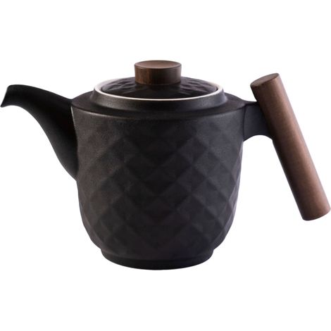 Jarra moderna de porcelana negra de 1200 ml (1,2 L) con asa de madera. (1/2)