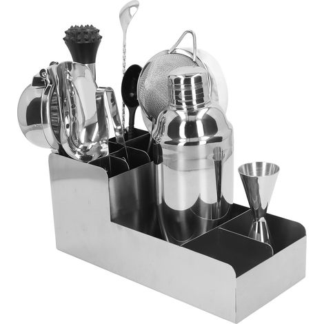 Ensemble de bar à cocktails avec doseur, filtre, pelle à glace, pilon, cuillère à mélange et verre shaker. (1/5)