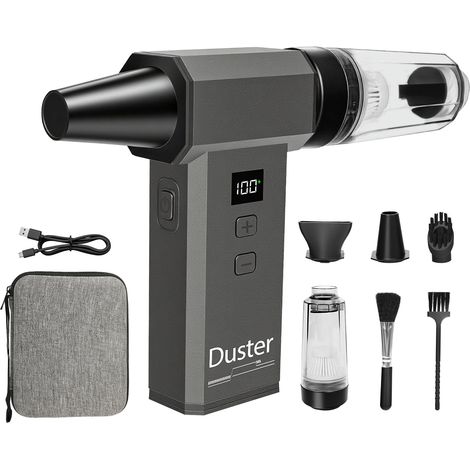 Dépoussiéreur électrique 2 en 1 et mini aspirateur – 180 000 tr/min Pulvérisateur d'air comprimé avec puissance turbo 100 niveaux avec écran LED 8000 mAh Ventilateur pour PC, clavier, voiture, maison (1/5)