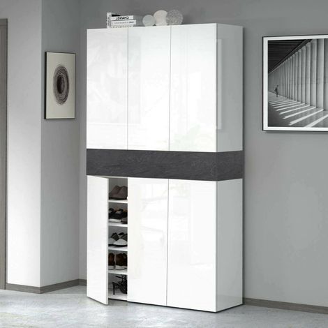 Dmora - Schuhregal Marzio, platzsparendes schuhregal mit 7 türen, multifunktionale eingangsgarderobe, 114x38h200 cm, Weiß und Schiefer (1/5)
