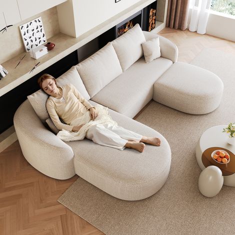 Canapé d'angle en U 266 cm, canapé compressé en mousse, modulable sans armature, idéal salon, chambre, appartement, blanc, sans assemblage (1/5)