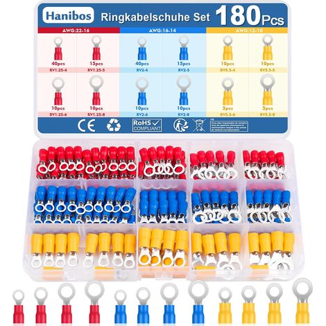 Lot de 180 cosses à anneau 0,5-6,0 mm² M4/M5/M6/M8 partiellement isolées 12 tailles pour garages, pièces automobiles, mécaniciens, ateliers (1/5)