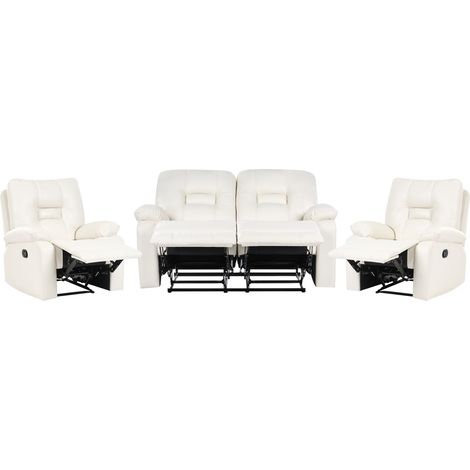 Conjunto de sala de estar reclinable moderno de piel sintética sofá de 2 plazas y 2 sillones blanco Bergen