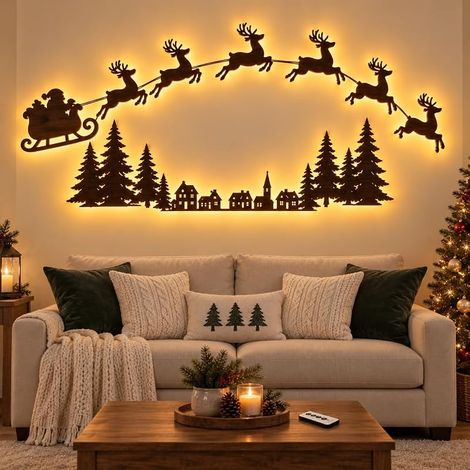 Décorations murales à DEL en forme de rennes – Éclairage festif de Noël, 7 pièces de renne en bois lumineux 3D – Silhouette lumineuse pour décoration de fête de maison, fenêtre (J) (1/5)