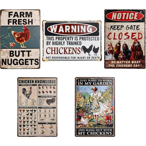 Lot de 5 plaques en tôle rétro avec inscription en allemand Vorsicht Hühner, 20 x 30 cm, plaque en tôle, accessoire de poules, panneau d'avertissement et de jardin, plaque décorative vintage (1/5)