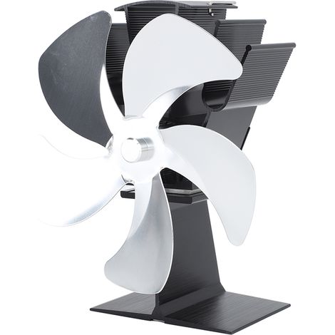 Ventilateur de poêle à bois vertical à 5 pales en alliage d'aluminium, alimenté par la chaleur, avec thermomètre intégré, pour poêle à pétrole et poêle à bois (couleur argent). (1/5)