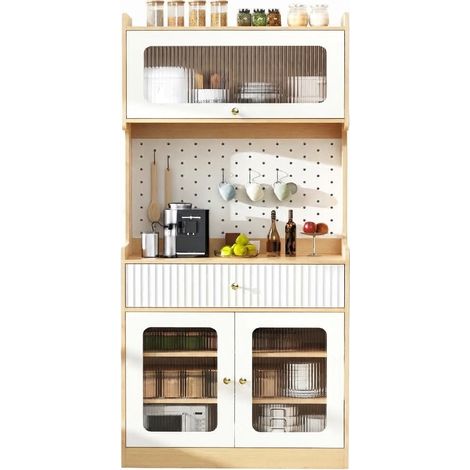 ELVMI Hochschrank mit Schublade, Klapptür, Verstellbaren Böden und LED, MDF, 80 x 40 x 180 cm, Natur Weiß (1/5)