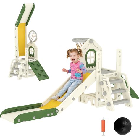Toboggan enfant pliable 4 en 1 crème, avec module d’escalade, panier de basket, rangement et ballon, pour enfants de 1 à 3 ans (1/5)