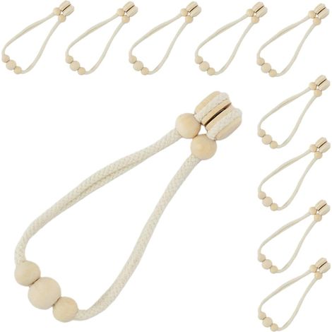 Lot de 10 pinces à rideaux magnétiques, comprenant cordon en coton avec perles en bois, 48 cm, cordon à rideau simple avec franges et perles en bois aux extrémités (1/5)