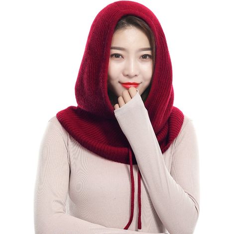 ABYSSE-Cagoule d'hiver, masque tricoté, cagoule de ski, bonnet unisexe, capuche tricotée, écharpe, protection auditive, protection pour le cou, rembourrée pour rester au chaud, bordeaux, 50 x 30 cm (1/5)