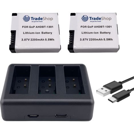 Trade-Shop 3in1 Set: 2x Akku (eckige Form) 2200mAh + USB-C LCD Triple Ladegerät für GoPro HERO13 Black, AHDBT-1301, AHDBT-1301PR, CPSS1B (1/5)