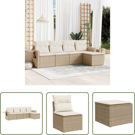 Gartensessel - 5-tlg. Garten-Sofagarnitur mit Kissen Beige Poly Rattan (1/5)