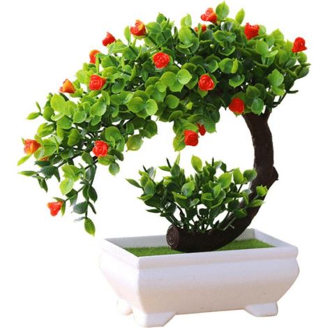 Bonsai Artificiel - Plante Décorative en Plastique - Pour Intérieur Jardin Bureau Hôtel - Hauteur 19 cm avec Pot - Orange (1/5)