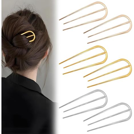 Set of 6 gold-plated French hairpins for women, made of 3-prong alloy for buns, chignons, and French updos elegant hairpins for weddings, bridal wear, and everyday use. (1/5)