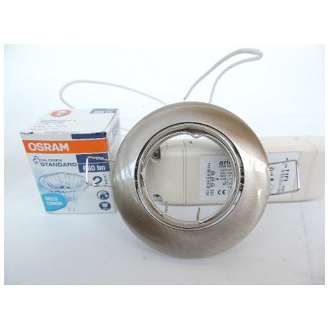 Kit spot encastré halogene 50W Ø 83mm orientable nickel chrome avec transfo electronique 230/12V et lampe LUNAR 50 ARIC 4914 (1/2)