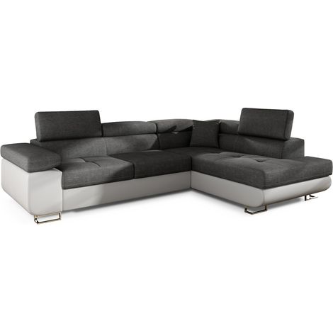 Ecksofa MENTON grau und weiß – 4-Sitzer mit Bettkasten und Kopfstützen (1/5)