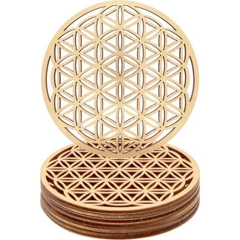 Dessous de verre en bois - Lot de 10, motif Fleur de Vie - Surface antidérapante décorative - Dimensions : 10 x 10 cm - Couleur bois naturel (1/5)