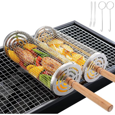 Cage de barbecue 2 Pièces – cylindre de barbecue roulant en acier inoxydable – 30 cm – Manche bois – tambour rotatif – Idéal pour camping et jardin (1/5)