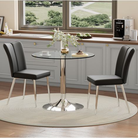 Esszimmergarnitur aus Glas, Metall und PU in Schwarz/Silber, runder Tisch 85x85x76 cm mit 2 Stühlen (1/5)
