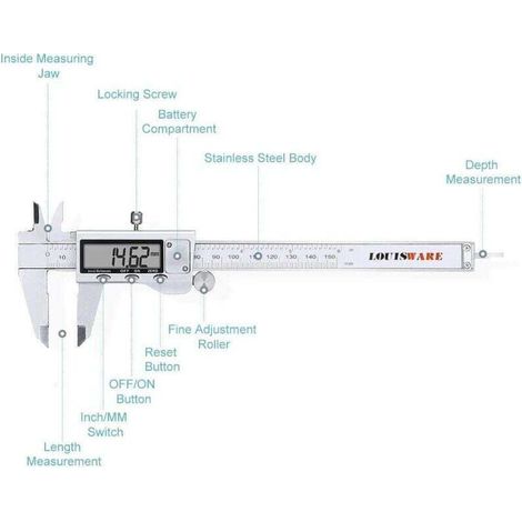 Rosimo 150mm Stainless Steel Digital Electronic Caliper Measuring Tool with Extra-Large LCD Display Inch/Metric Conversion (1/5)