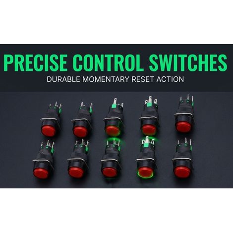10 interrupteurs à bouton-poussoir ronds à 5 broches de 16 mm, lumineux, verts, avec commande de réinitialisation et indicateur LED. (1/5)