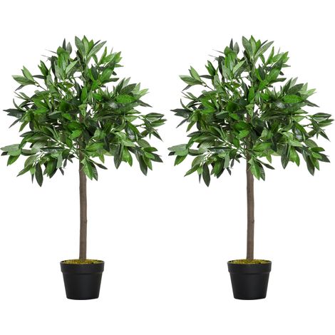 Lauriers artificiels Boules 0.90m Lot de 2 - 564 feuilles réalistes par pied - Pot inclus Noir Vert