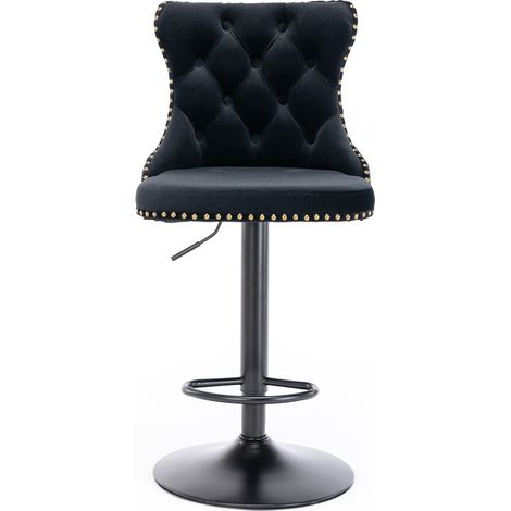 Tabourets de bar pivotants velours noir, assise réglable 63,5-84 cm, piètement 45 cm, rembourrés confortables, dossier incliné, usage maison, pub ou îlot cuisine. Pack de 2, modèle DE1812BK. (1/5)