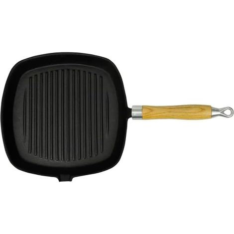 1 Poêle grill carrée en fonte, base nervurée, manche bois, bec verseur, cuisine maison camping