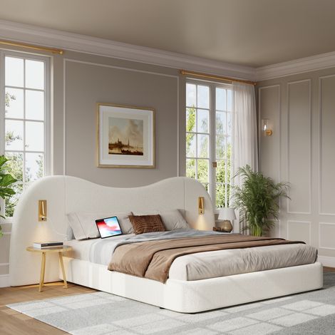 Cama doble 180x200 cm en bouclé blanco, arcón hidráulico, somier de láminas, cabecero con USB y luces