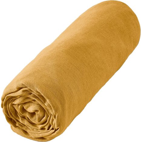 MARGAUX - Drap Housse 180x200cm Lin Lavé Coloris Miel (1/3)