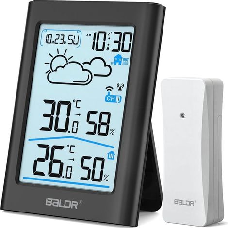 Station Météo Sans Fil - Horloge Radio DCF - Thermomètre Hygromètre Intérieur Extérieur - écran 3.7 Pouces - 1 Ensemble (1/5)