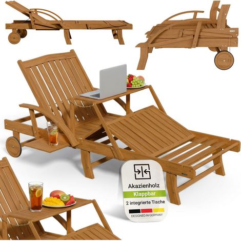 Juskys® Sonnenliege SunScape - Natur, Akazienholz, verstellbarer Tisch & Fußablage - 196x72,5x30 cm