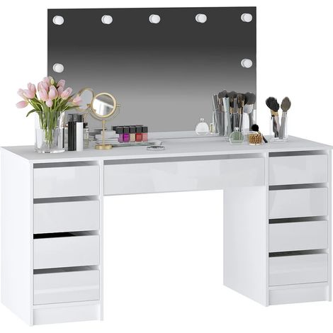 Coiffeuse double avec miroir à LEDs - 9 tiroirs - Blanc brillant - JENEMI (1/4)