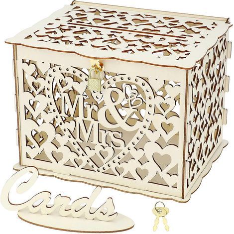Boîte de rangement en bois pour mariage, modèle Mr & Mrs, idéale pour les fleurs et les réceptions (une clé, 12 anneaux en caoutchouc, petite taille).-S (1/4)