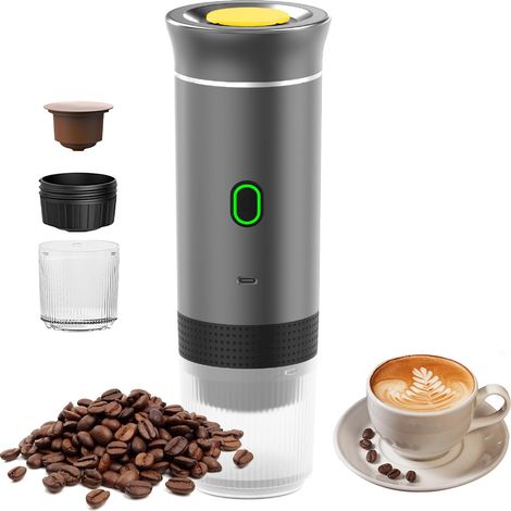 Machine à expresso portable 3 en 1 - Électrique - Auto-chauffante - Mini machine à café de camping - Rechargeable - 12 V - Avec USB-C - Compatible avec café moulu et capsule (1/5)